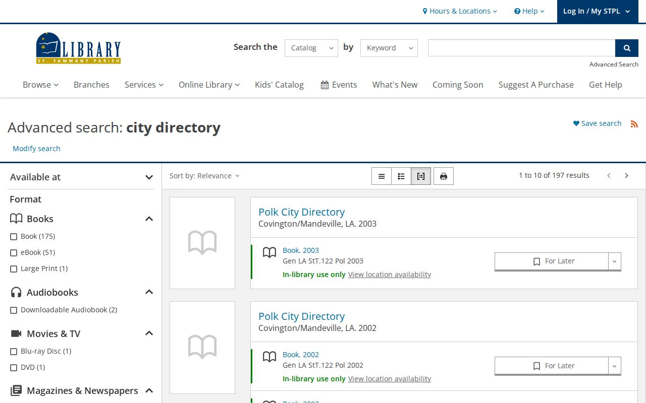 St. Tammany Parish Library city directory catalog results