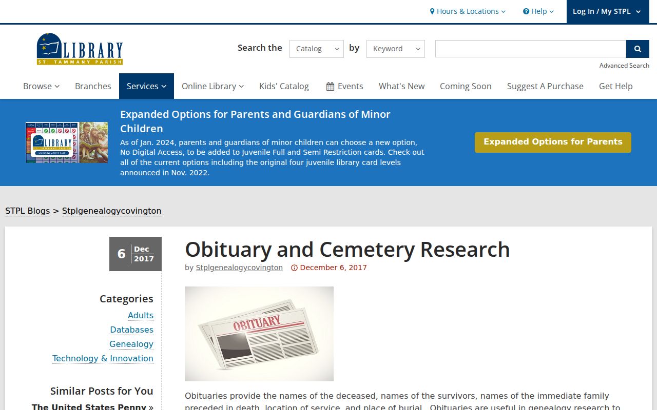 St. Tammany Parish Library obituary and cemetery research guide